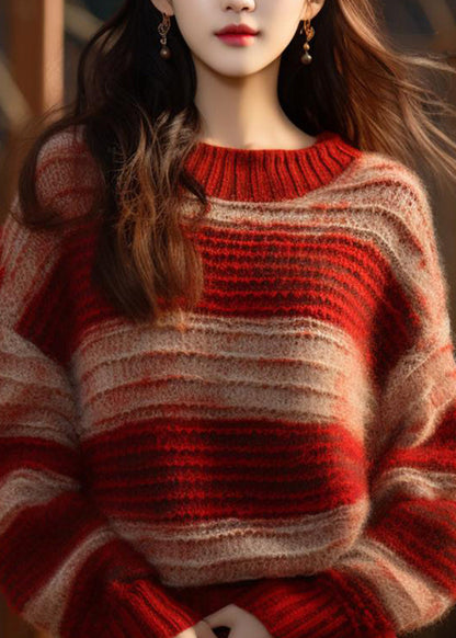 DIY Red Stand Collar Striped Patchwork Cotton Knit Sweater Fall QT066