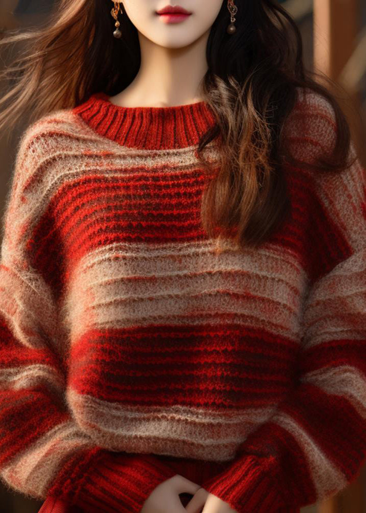 DIY Red Stand Collar Striped Patchwork Cotton Knit Sweater Fall QT066