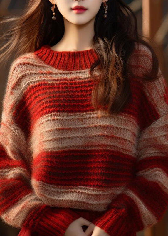 Pull en tricot de coton à rayures et col montant rouge DIY Automne QT066