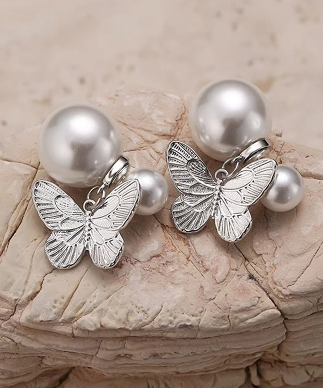 DIY Butterfly Overgild Pearl Stud Copper Earrings Silk