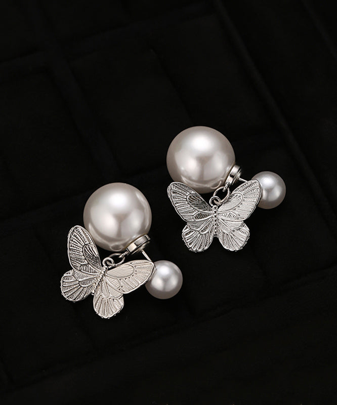 DIY Butterfly Overgild Pearl Stud Copper Earrings Silk