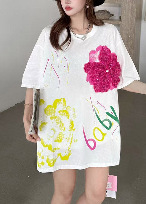 Verzierte Baumwolle Blumen Oversized Tops Tank DIY Sommer Weiß
