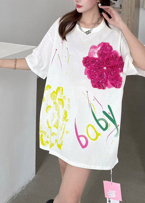 Verzierte Baumwolle Blumen Oversized Tops Tank DIY Sommer Weiß