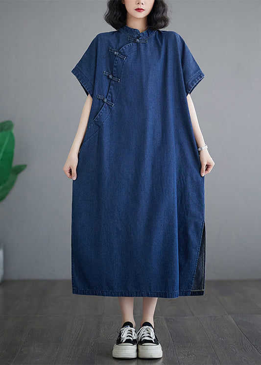 Robe boutonnée patchwork denim bleu longue été côté foncé ouvert