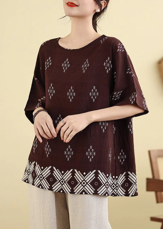 Dark Short Shirt T Sleeve Print Brown Casual