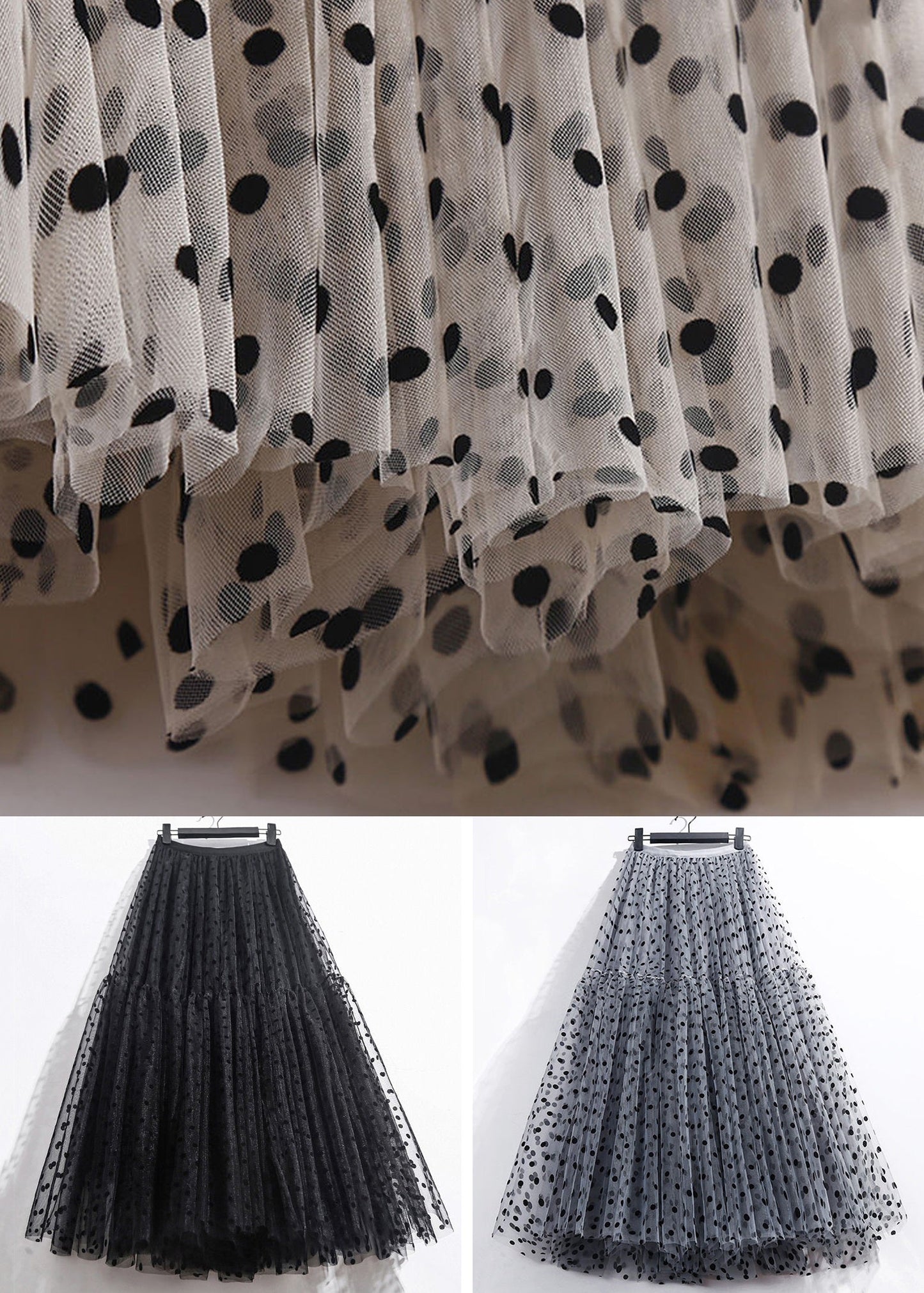 Dark Gray Dot Pleated Tulle Skirt High Waist Summer Ada Fashion