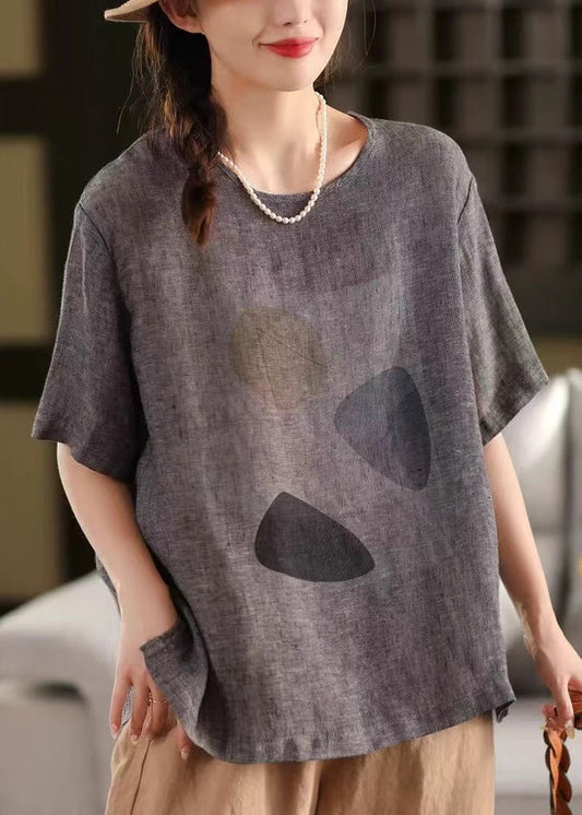 Shirt Grey Print T Linen Dark O Neck Pullover Summer