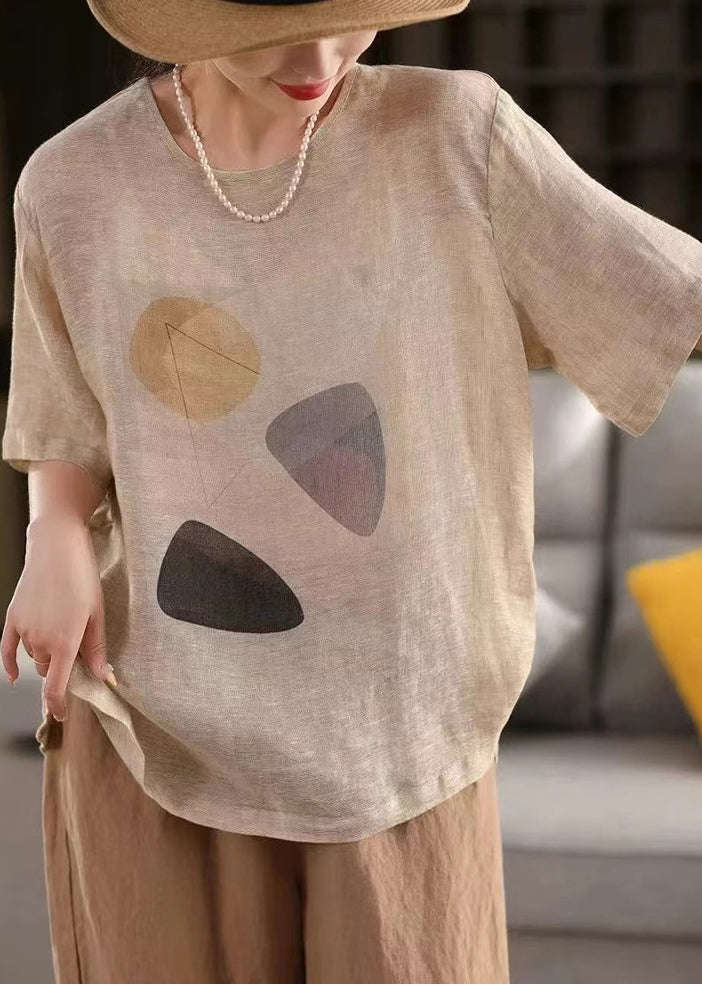 Shirt Grau Print T Leinen Dunkel O Hals Pullover Sommer