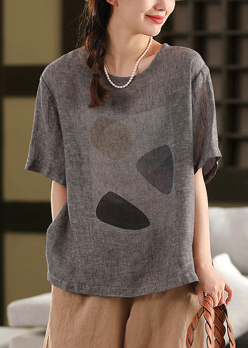 Shirt Grau Print T Leinen Dunkel O Hals Pullover Sommer