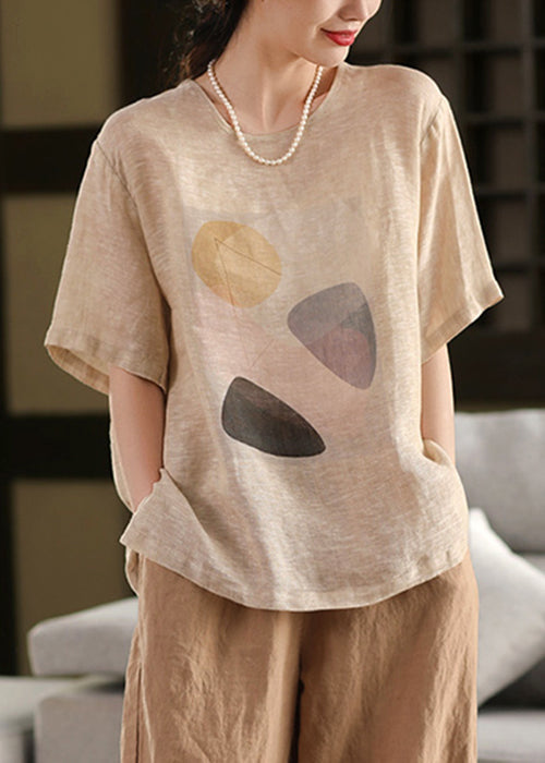 Shirt Grau Print T Leinen Dunkel O Hals Pullover Sommer