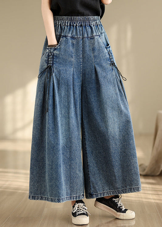 Pantalon croisé d'été bleu en denim à jambe large et bretelles froissées