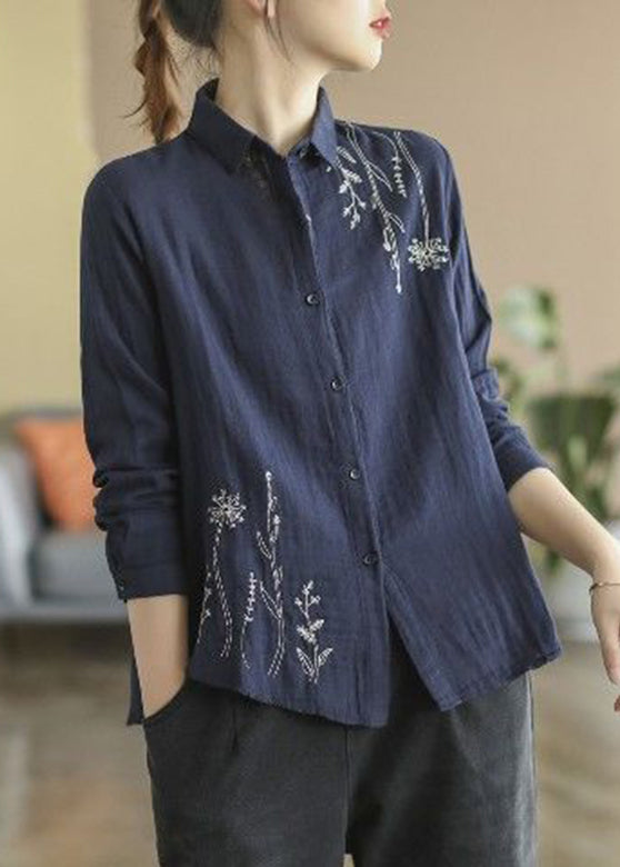 Fall Blue Button Cotton Shirts Denim Embroidered
