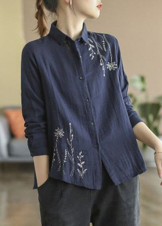 Fall Blue Button Cotton Shirts Denim Embroidered