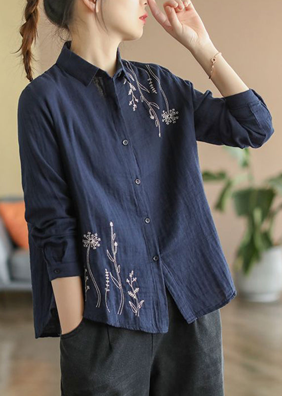 Fall Blue Button Cotton Shirts Denim Embroidered