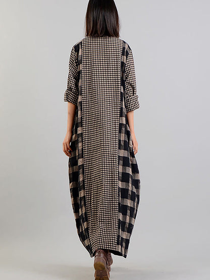 Plus Size Different Colored Plaid Retro Cotton Linen Dress AA1054