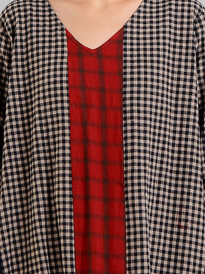 Plus Size Different Colored Plaid Retro Cotton Linen Dress AA1054