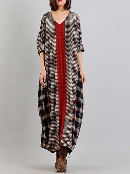 Plus Size Different Colored Plaid Retro Cotton Linen Dress AA1054