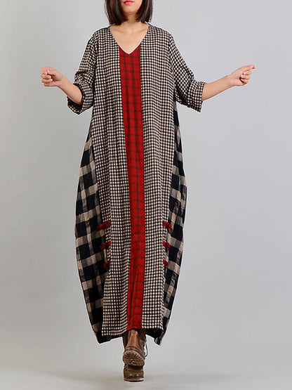 Plus Size Different Colored Plaid Retro Cotton Linen Dress AA1054