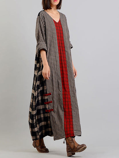Plus Size Different Colored Plaid Retro Cotton Linen Dress AA1054