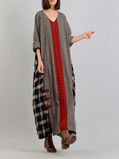 Plus Size Different Colored Plaid Retro Cotton Linen Dress AA1054