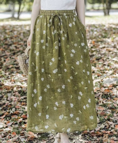 DIY Green Print Wrinkled Elastic Waist Linen Skirt Spring GEM569