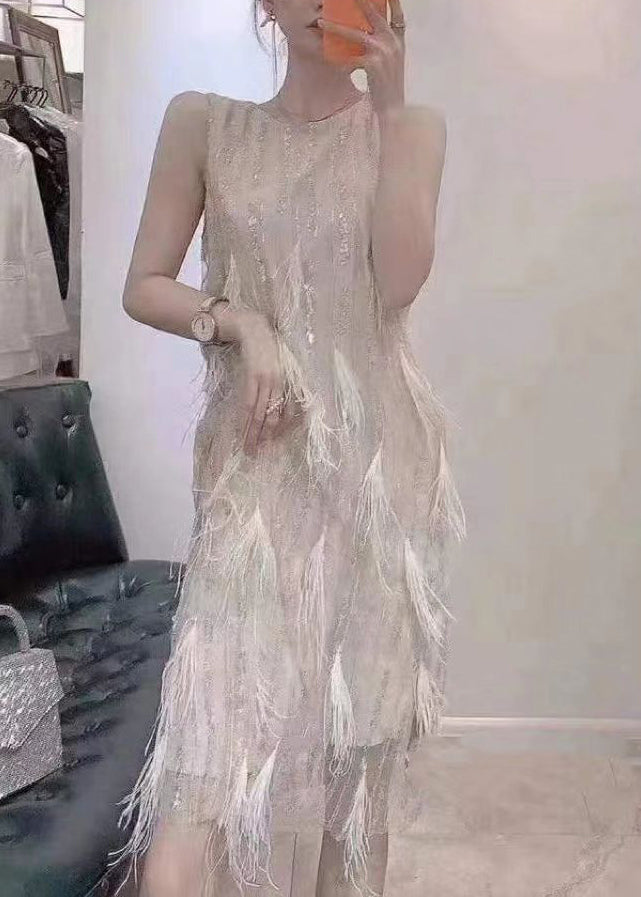 Robe longue beige à col rond et à franges en dentelle pour dîner, été, UU1041