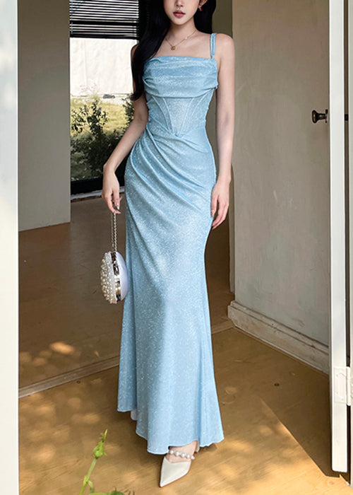 Robe bleu dîner froissée à bretelles spaghetti, design original, sans manches, YT027