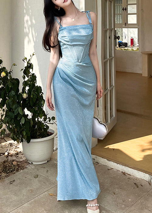 Robe bleu dîner froissée à bretelles spaghetti, design original, sans manches, YT027