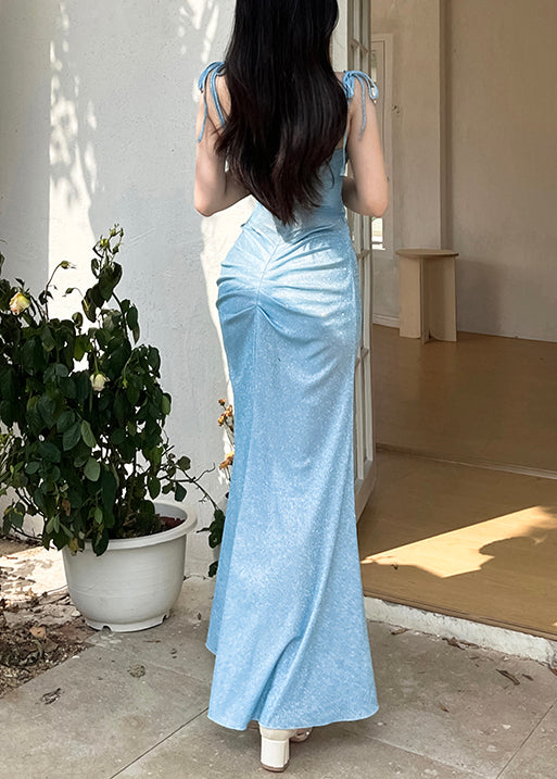 Robe bleu dîner froissée à bretelles spaghetti, design original, sans manches, YT027