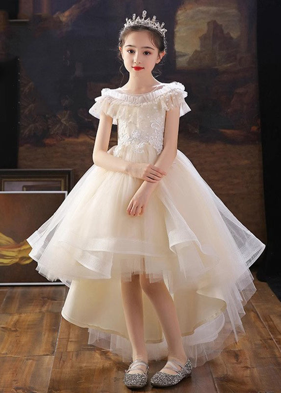 Robe longue de soirée en tulle à fleurs pour enfants, blanche, col rond, été, XZ026