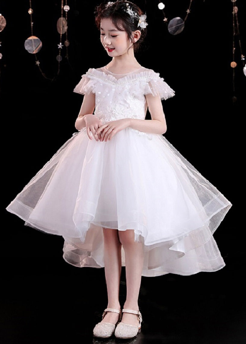 Robe longue de soirée en tulle à fleurs pour enfants, blanche, col rond, été, XZ026