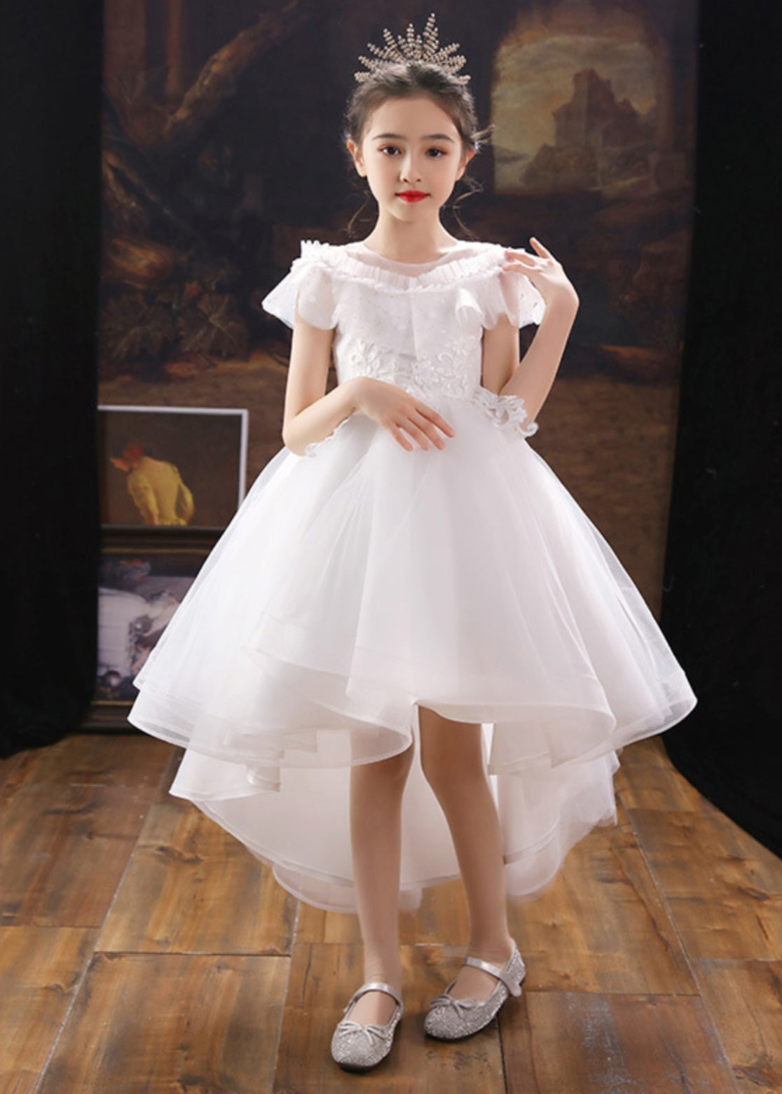 Robe longue de soirée en tulle à fleurs pour enfants, blanche, col rond, été, XZ026