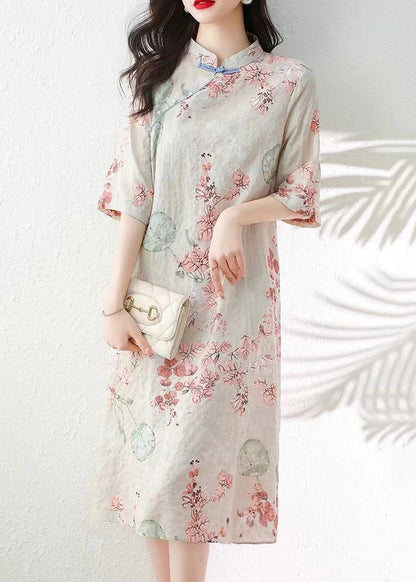 Elegant Apricot Button Print Linen Dress Half Sleeve JH012