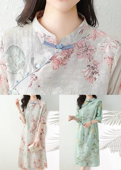 Elegant Apricot Button Print Linen Dress Half Sleeve JH012