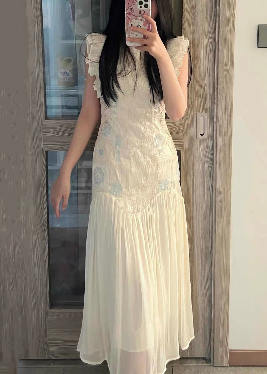 Robe longue froissée en patchwork brodée d'été élégante de couleur abricot
