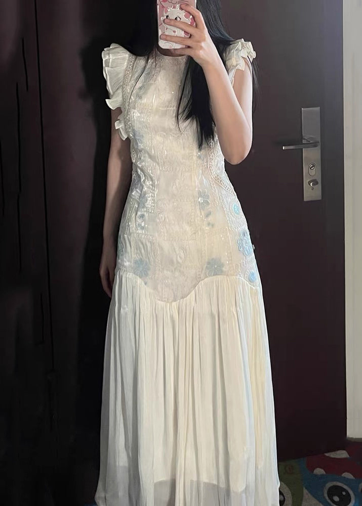 Robe longue froissée en patchwork brodée d'été élégante de couleur abricot