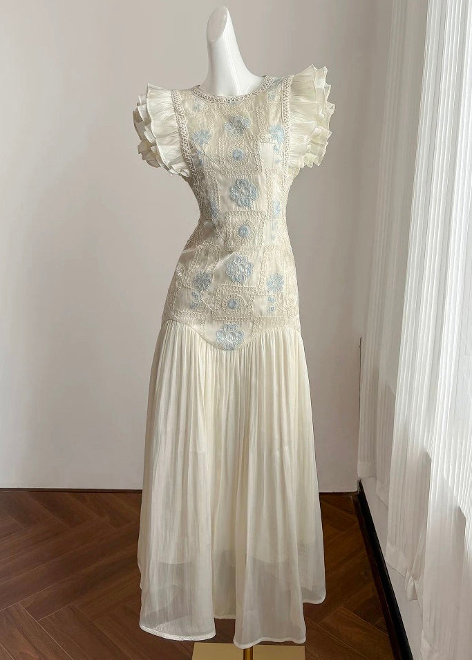 Robe longue froissée en patchwork brodée d'été élégante de couleur abricot