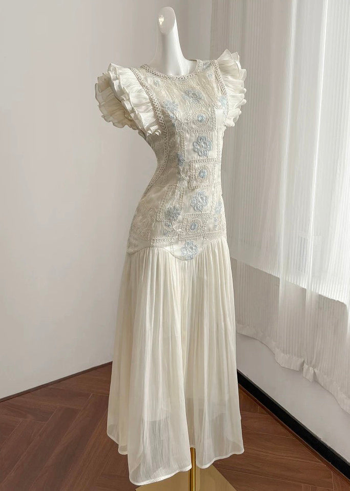 Robe longue froissée en patchwork brodée d'été élégante de couleur abricot