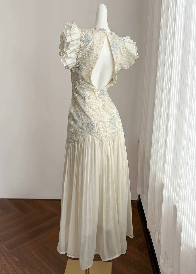 Robe longue froissée en patchwork brodée d'été élégante de couleur abricot