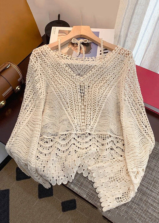 Deux pièces élégantes en tricot abricot de printemps en dentelle creuse