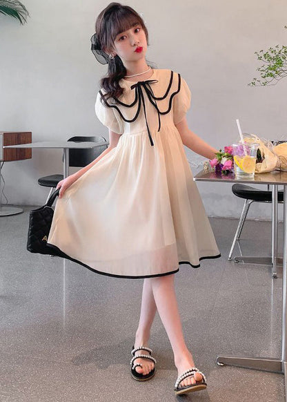 Elegant Apricot Peter Pan Collar Tie Waist Chiffon Girls Dress Summer TT010