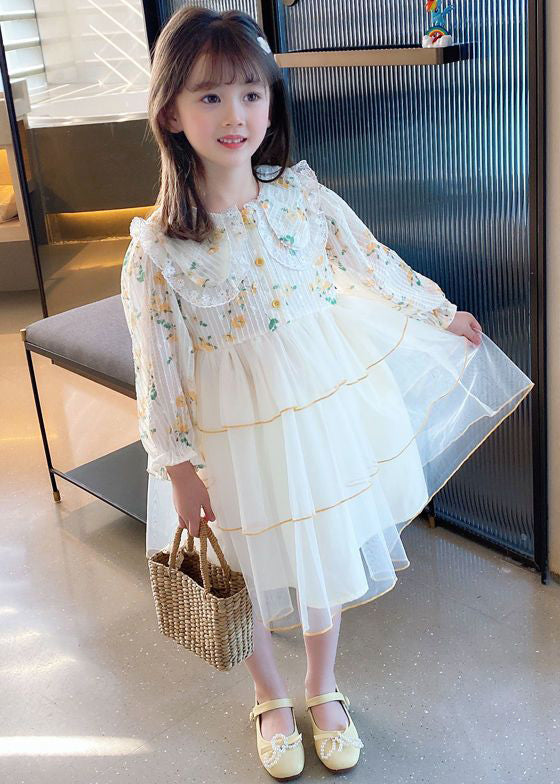 Elegant Apricot Peter Pan Collar Tulle Patchwork Girls Dress Long Sleeve XZ069