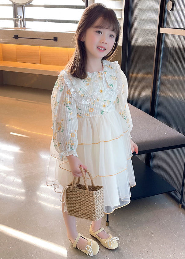 Elegant Apricot Peter Pan Collar Tulle Patchwork Girls Dress Long Sleeve XZ069