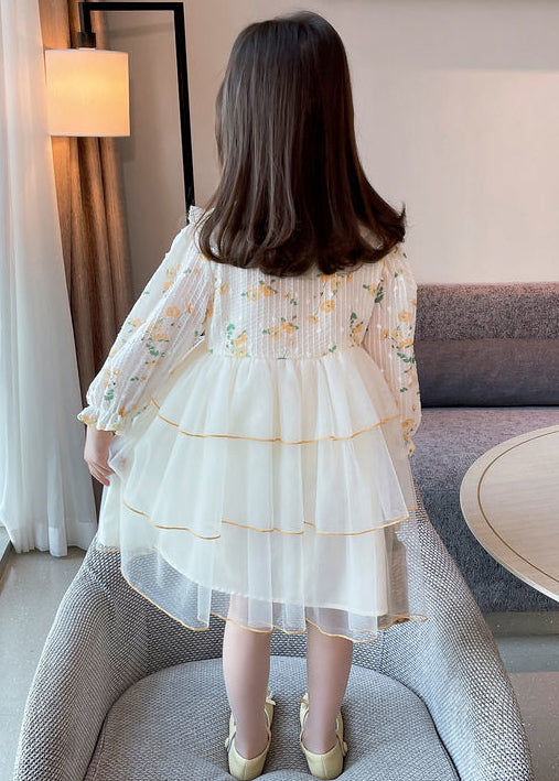 Elegant Apricot Peter Pan Collar Tulle Patchwork Girls Dress Long Sleeve XZ069