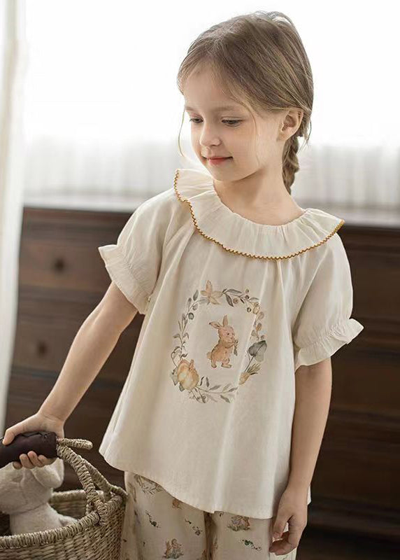 Elegantes Apricot Print Kinder Mädchen Shirt Puffärmel SS1028