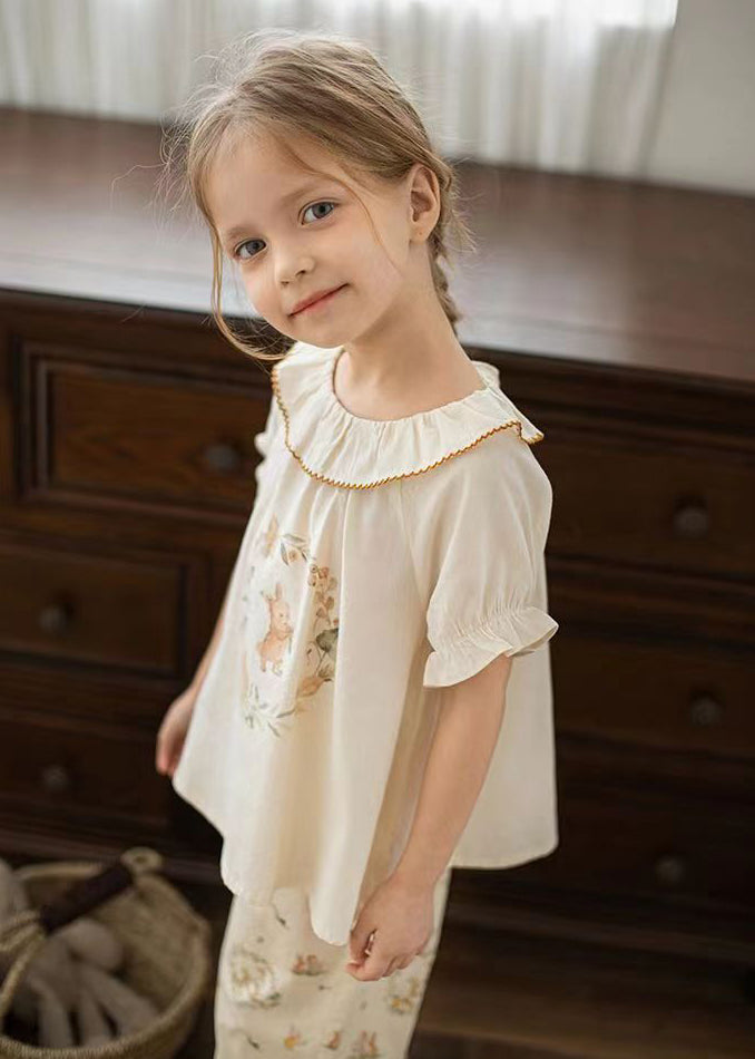 Elegantes Apricot Print Kinder Mädchen Shirt Puffärmel SS1028