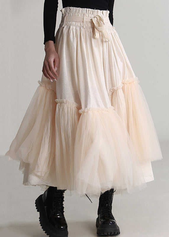 Elegant Apricot Ruffled Lace Up Tulle Skirts Spring Ada Fashion