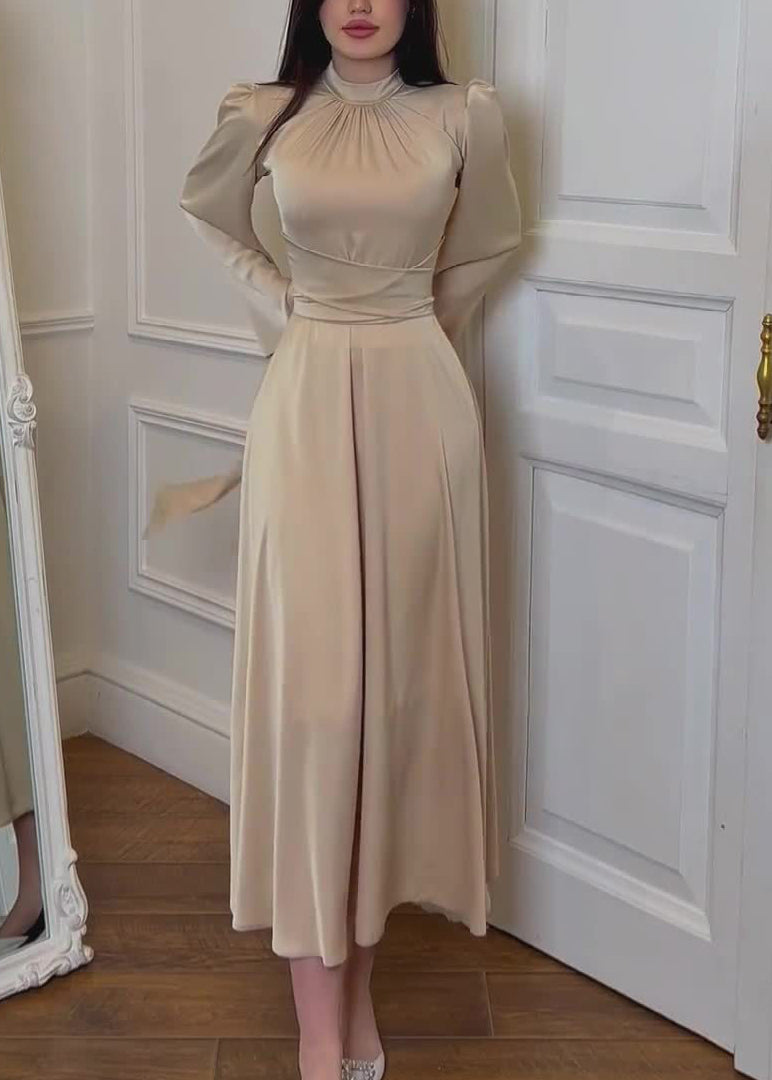 Elegant Apricot Stand Collar Lace Up Silk Dress Fall WO058