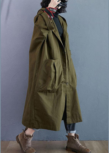 Elegant Army Green Pockets Button Fall Hooded Long sleeve Trench Coats QS061