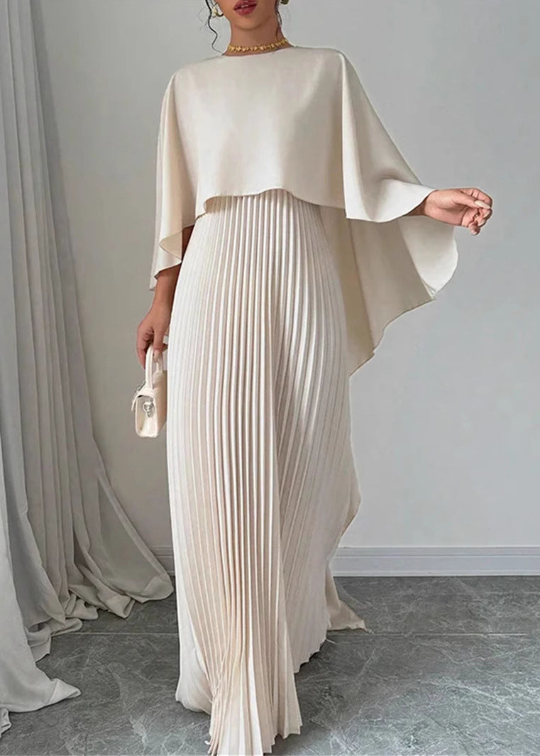 Long Dress Beige Sleeve Patchwork Asymmetrical Elegant Batwing